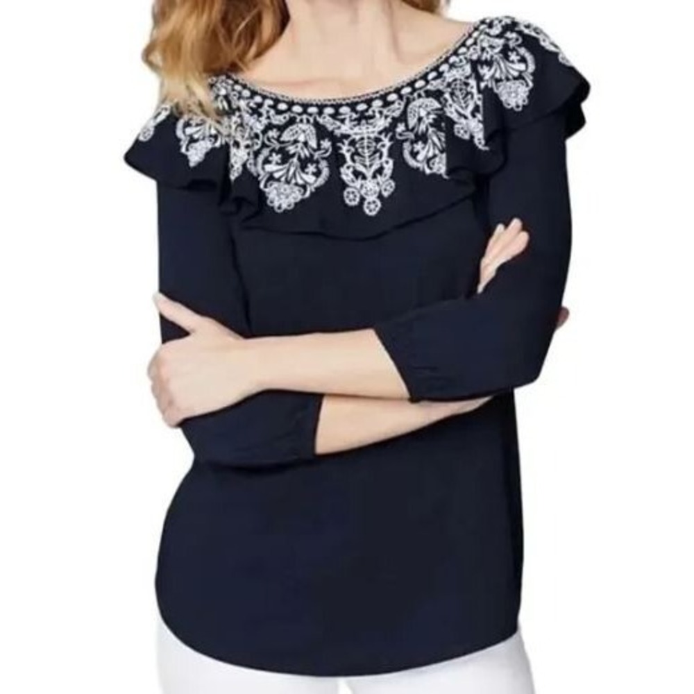 J Jill t-shirt tee top womens XS Petite navy cotton modal embroidered 3/4 sleeve